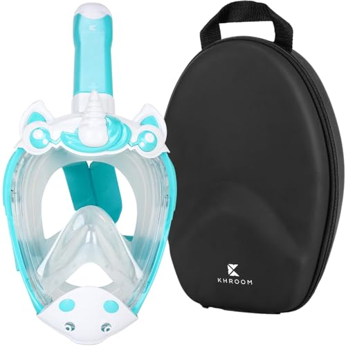 Khroom Schnorchelmaske Kinder ab 3 Jahre | TÜV geprüft & CO2 sicher | Vollgesichtsmaske / Tauchmaske Kinder ganzes Gesicht | Tauchermaske mit Tragetasche (Einhorn Mint+Case)