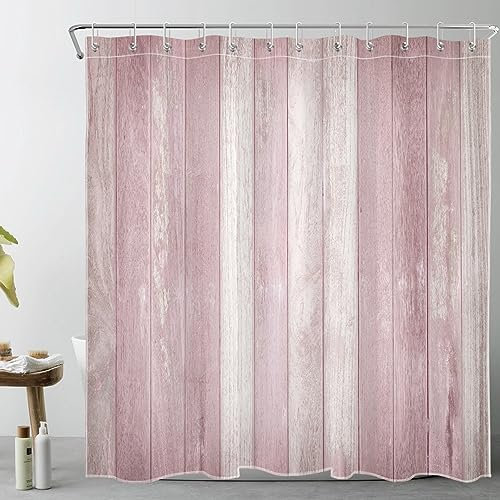 LB Rustic Wood Shower Curtain Vintage Barn Door Shower Curtains for Bathroom Pink Farmhouse Polyester Anti Mould Waterproof Extra Long Bath Curtain Set with Hooks,78Lx71W inches