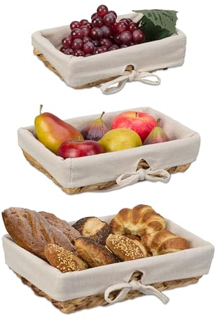 Relaxdays Cestino Portapane, Set da 3 Ceste per Pane, Design Intrecciato, Inserto in Stoffa, Portafrutta, Naturale Crema, Fibra vegetale, 8 x 30 x 30 cm
