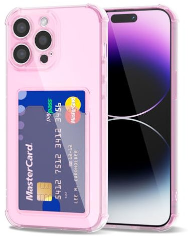 Svanove for iPhone 14 Pro Max Case Wallet Clear, Card Holder Case with Credit Card Slot, Thin Slim Transparent Silicone Grip Soft Rubber Protective Shockproof Airbag Bumper for Women, Light Pink
