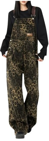 Leopardo Salopette Jeans Donna Elasticizzata Elegante Jumpsuit con Tasche Denim Tuta Intera Baggy Leopardo Salopette Jeans Casual Curvy Leopardo Salopette