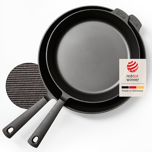 STUR® - ORIGINAL Gusseisenpfanne Induktion Set 24cm & 28cm - Cast Iron Pan für alle Herdarten - Pfanne Gusseisen fein geschliffen - 100% Made in Germany - Natürliche ANTIHAFT-BESCHICHTUNG & kratzfest