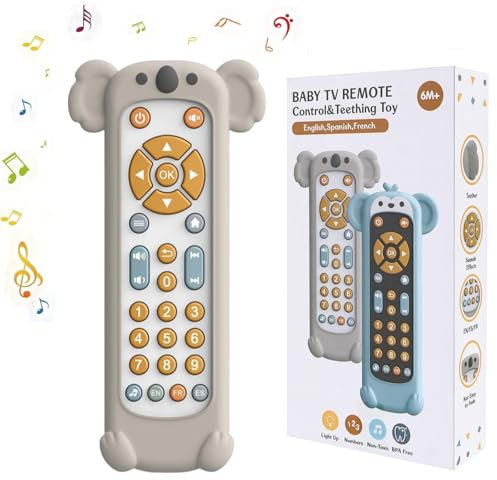 JoyJoyful Silicone Telecomando TV Neonato 6-9 Mesi, Gioco Musicale Bambini 1 Anno con Inglese/Francese/Spagnolo, Montessori Educativo (Bianco Koala)