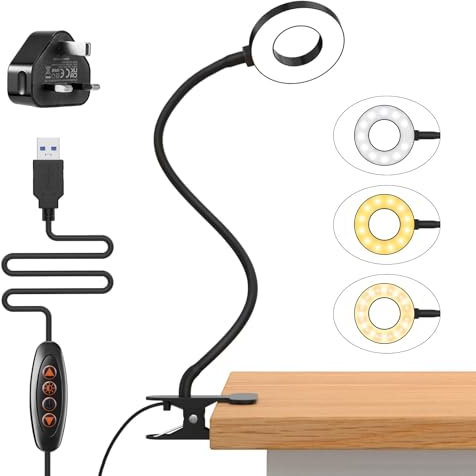 Clip on Reading Lamp, USB Desk Light with Adapter, 50LED 3 Colors Book Lamp, 10 Brightness Levels, Flexible for Books in Bed, Bedside