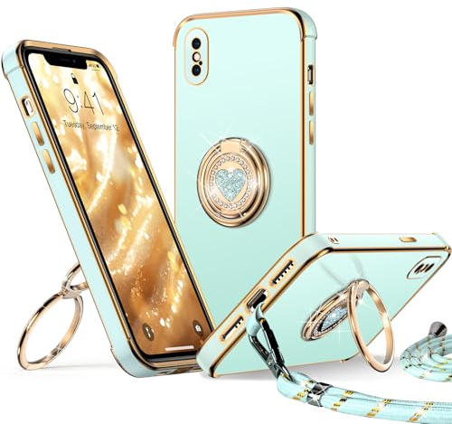 XYZ for iPhone X/XS Case with Stand, Heart Lanyard for Girls Women, Luxury Cute Bling Protective Cover for iPhone X/XS, Green
