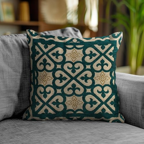 Floori 1 Paar Dekokissen Jacquard Arabic, quadratisch, 50 x 50 cm, abnehmbarer Bezug, gepolstert, elegant, orientalisch (Petrol)