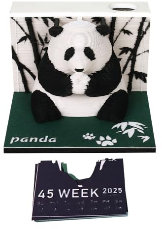 ZOYDP 3D Kalender Abreißen 2026, 3D Calendar 2026 Panda, 3D Notizblock mit Glasklarem Anzeigebox, Stifthalter, Abreißkalender 3D, Papier Schnitzen Geschenk, Tischdeco, 8x8x6cm
