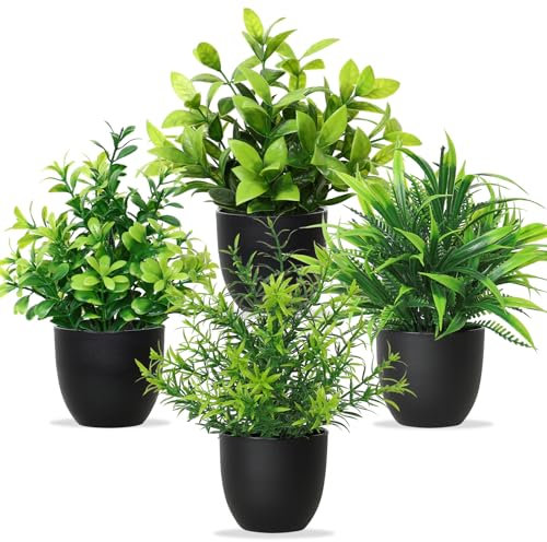 Betylifoy Plantes Artificielles en Pot Mini 4PCS Petites Fausses Plantes Verdure Décor Intérieur Plante Eucalyptus Fausses Plantes en Plastique pour Bureau Maison Salle de Bain (4, Pot Noir)