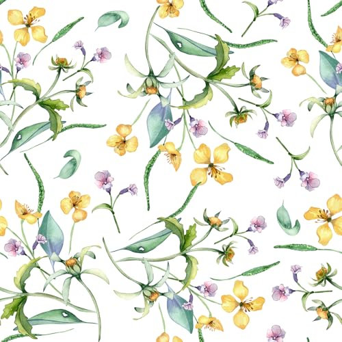 VaryFloral Selbstklebende Tapeten 30.5cmx300cm Wandfolie Küche Abwaschbar Morgenlatte Lila Möbelfolie Weiß Matt Vintage Tapete Blumen Aquarell Grün Blätter Arbeitsplatte Folie Wohnzimmer Kabinett