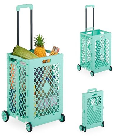 Relaxdays Einkaufstrolley klappbar, Einkaufskorb mit Rollen, bis 25 kg, Teleskopgriff, Gitter, hohe Rollkiste, türkis