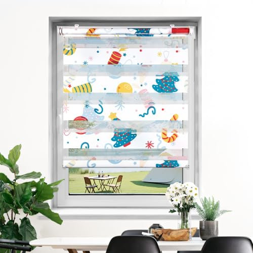 Deswell Doppelrollo mit Muster Weiß-Feuerwerk B50 x H130 cm (Stoffbreite 46cm), Doppelrollo Klemmfix ohne Bohren mit Motiv, Duo Rollos für innen Fenster Zebrarollo Fensterrollo für Kinderzimmer