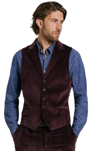 Dobell Mens Burgundy Corduroy Waistcoat Regular Fit 100% Cotton Notch Lapel-XL (46-48in)