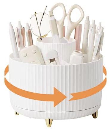 Rotating Desk Organiser, 360° Pen Holder for Stationary Cosmetics Make Up Brush Organiser with 5 Compartments, Pencil Pen Pots for Home, Office, and School