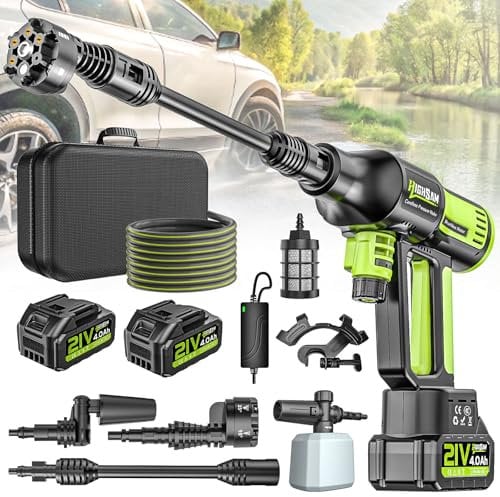 Idropulitrice a batteria, ad alta pressione, 4 marce, max 120 bar, idropulitrice portatile con batterie da 2 x 4,0 Ah, ugello girevole 6 in 1 e 180°, spruzzatore di schiuma, tubo da 5 m, irrigazione
