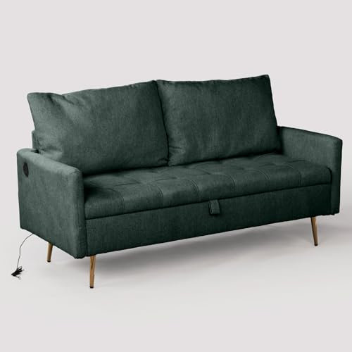 MEUBLE COSY Sofa Kleines Couch 2 Sitzer mit USB-Anschlüsse und Stauraum Armlehne aus Samt Massivholzrahmen Metallbeine für Wohnzimmer Schlafzimmer Wohnungen, Grün