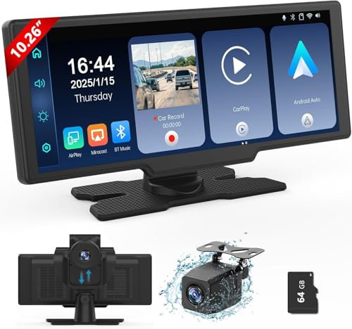 Lehwey 10,26 Zoll Carplay Display mit 4K+1080P Dashcam Auto Vorne Hinten, Wireless A-pple Car Play Android Auto Touchscreen Monitor mit Navi, Goo-gle/Siri Sprachsteuerung, Loop Aufnahme, 64G TF-Karte