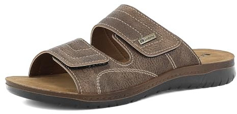 inblu Ciabatte Uomo a Doppia Fascia con Chiusura a Strappo, Plantare in Vera Pelle, Marrone Scuro, 42 EU
