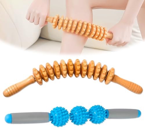Muscle Roller Stick + Faszienrolle Holz Set, Massage Roller mit Griff, Premium Massageroller, Zur Entspannung der Rücken-, Nacken- und Beinmuskulatur und zur Muskelregeneration