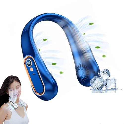 New Hanging Neck Air Cooler, Neckbreeze Neck Fan, Neck Breeze Neck Fan, 5 Speeds USB Rechargeable Neckbreeze Portable Fan, Wearable LED Screen Bladeless Fan Low Noise for Home Office Travel(Blue)