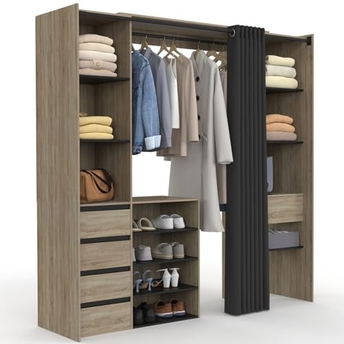 IDMarket - Doppeltes ausziehbares Ankleidezimmer XXL MERYL 120/180 cm Buche mit Schubladen + Regalen + Garderobe + schwarzer Vorhang