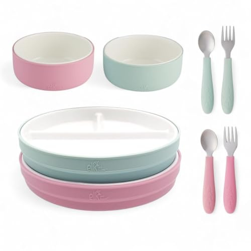 Elk and Friends Kids Porcelain Mealtime Bundle with Normal Sleeves | Teller, Schüsseln + Kleinkindutensilien | Silikonhüllen | für Mahlzeiten + Snacks | Mikrowellen- und spülmaschinenfest