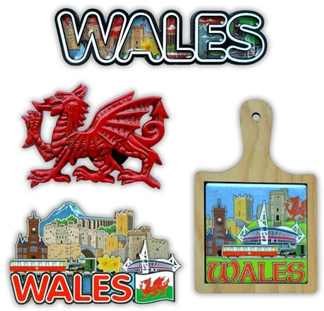 SAJAK Set of 4 Wales Fridge Magnets – Wooden & Resin Souvenir Pack Featuring Welsh Flag, Cardiff Castle, Red Dragon & Snowdonia – UK Travel Gift, Home Kitchen Decor, Collectible, Tourist Keepsake