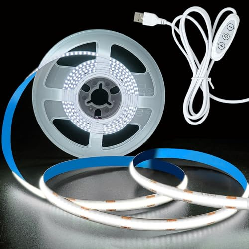 HEXJOSGL 5V USB COB LED Streifen Licht Kaltweiß 6000K 320LEDs/M 8mm Breite Dimmbar flexible COB LED Tape Lights für TV Schrank Display Regale Spiegel Kleiderschrank (2M)