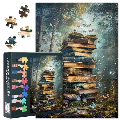 Magischer Bücherstapel 1000 Teile Puzzle für Erwachsene, Fantasy | 1000-teiliges Puzzle mit Poster & Buchstaben; für Fantasy-Fans, Escape-Room-Abend oder Wanddeko. Fertige Größe 70 x 50 cm