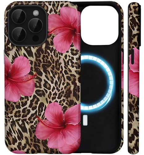 Amzfield Magnetic Case for iPhone 15 Pro, for MagSafe Floral Leopard, Red | Compatible with MagSafe Floral Leopard Dual Layer Shockproof Cute for Girl Women Drop Protection Precise Cutouts Stylish Chic