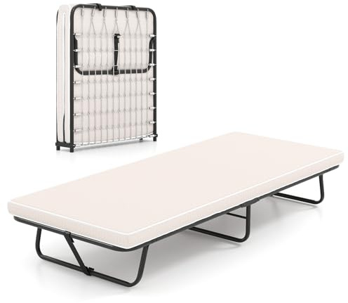 FANTASK Gästebett klappbar, 190 x 80 cm, Tragbares Einzelbett mit Matratze, Klappbett mit Memory-Schaum & Metallgestell, Reisebett bis 120kg für Camping & Gästezimmer (Beige)