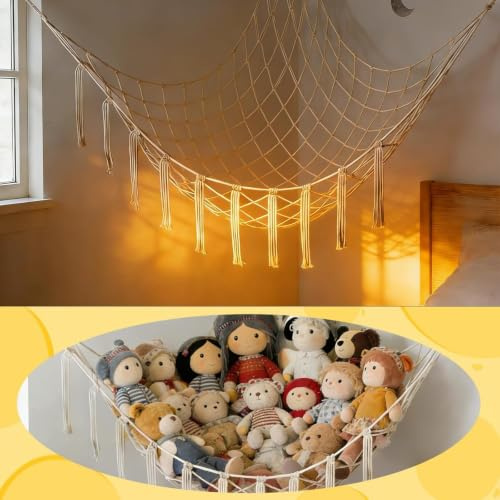 QLK Toy Hammock, Large Cuddly Toy Storage Net for Stuffed Animals, Hand Knitted Boho Stuff Animal Storage, Soft Corner Toy Organizer Plushie Net Nursery, Playroom, Kids Bedroom Decor, White