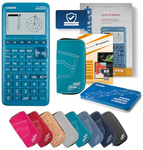 Casio FX-7400 GIII Grafikechner mit CalcCase Schutztasche, Folie, Fachbuch, Zirkel Set - Deluxe Set (Türkis)