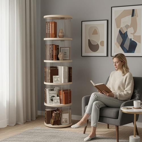 Toemics 360° Drehbares Bücherregal 5 Ebenen rundes Standregal mit transparenten PET-Seiten, schmales Turmregal 168,5x36x36cm, platzsparend für Wohnzimmer, Schlafzimmer und Büro, bis 80kg belastbar