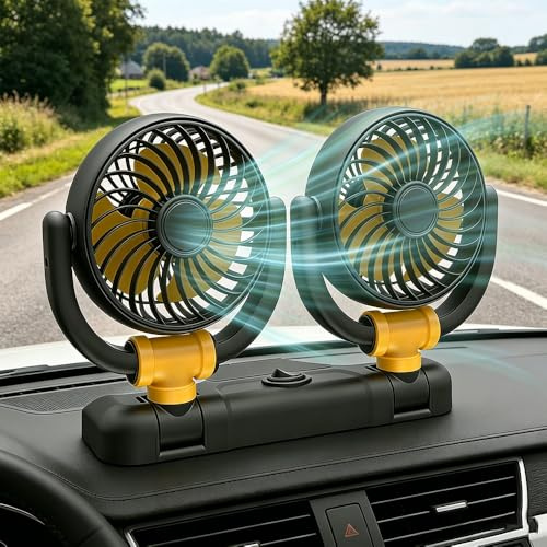 Rppiup 12V Car Fan Dual Head, Auto Dashboard Cooling Fan with Number Plate, 360° Rotatable Portable Campervan Vehicle Fan, 2 Speed Powerful Air Circulator Plugs into Cigarette Lighter for SUV RV Van