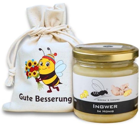 Grega's Imkerei | Honig-süßes Geschenkset Gute Besserung im Leinensäckchen mit 250g Honigspezialität nach Wahl | Geschenk gute Besserung & Aufmunterung (Ingwer im Honig 250g)
