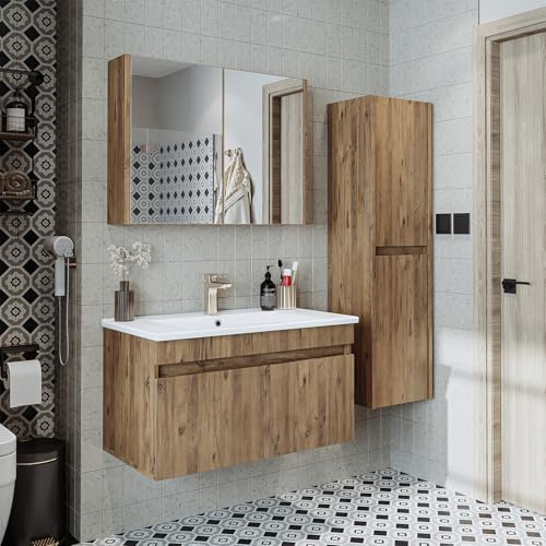 ROOMART ATRIA-85 Ensemble Meubles Salle de Bain 4 Pièces – Meuble sous-Vasque, Vasque, Armoire à Miroir & Colonne – H × L × P : 45 × 82 × 45 • Chêne
