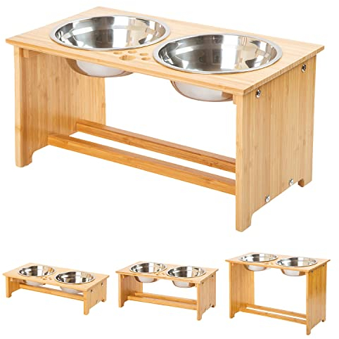 FOREYY Gamelles surélevées - pour Chiens et Chats - Supports surélevés en Bambou avec 2 gamelles d'eau et de Nourriture en Acier Inoxydable - avec Pieds antidérapants (Large - 25.4 cm High)