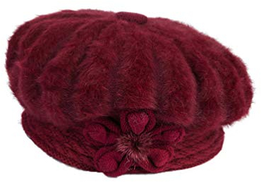LUOEM Damen Baskenmütze gestrickte Plüsch Winter Warm Damen Kopfbedeckung mit Blumen (dunkelrot)