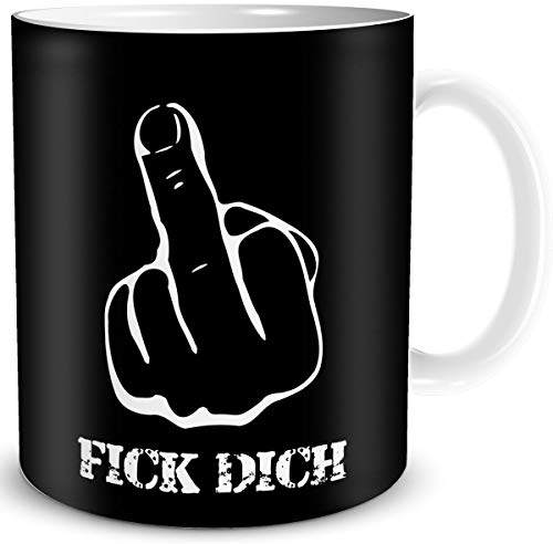 TRIOSK Tasse Mittelfinger mit Spruch lustig Fick Dich Stinkefinger Geschenk für Arbeit Büro Frauen Freundin Männer Kollegen Schwarz, Keramik 300ml