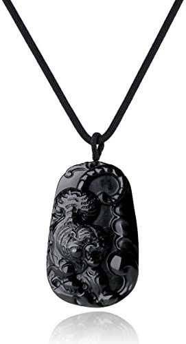 COAI Großer Obsidian Anhänger mit Tiger Gravur Amulett Halskette für Herren