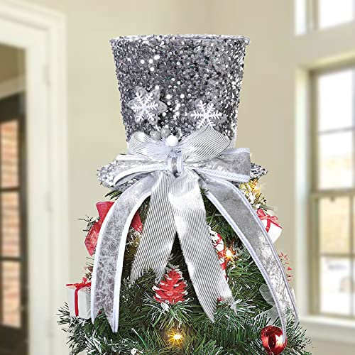 PIKRONSH Silver Shiny Sequin Top Hat Christmas Tree Topper Decoration (Silver)