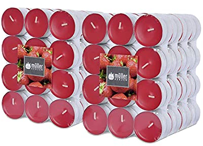 Müller Teelichte Duftkerzen – 39 × 15 mm – Brenndauer 4 Stunden – Wachskerzen – Anti-Tropf, Aluminiumbehälter (Erdbeere, 192 Stück), Rot