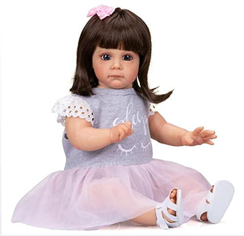 HOMONEY Reborn Puppe 24 Zoll Baby Mädchen Puppe Reborn Kleinkind Puppe Mit Braunen Haaren Kuscheliges Kleines Mädchen Puppe Hochwertiges Geschenk Für Kinder