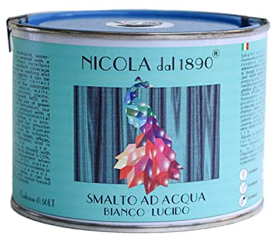 NICOLA VERNICI Buntlack auf Wasserbasis, Acryllack für den Innen- und Außenbereich, für Metall, Holz, Wande, Stahlbeton, Kunststoff, PVC, Gipskarton - Glänzendes Weiß, 500 ml