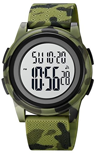 Forrader Digitale Sportuhr für Herren, 5 ATM wasserdicht, Countdown Dual Time Stoppuhr, LED-Licht Alarmmodus, Armbanduhren für Herren und Damen, grün/camouflage, Gurt