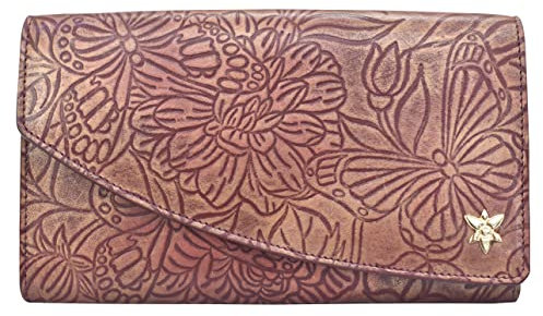 Anuschka Women's Akkordeon-Portemonnaie mit Überschlag aus Echtleder, handbemalt - Tooled Butterfly Wine