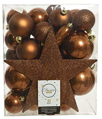 Kaemingk 72294 Plastic Baubles 5-8 cm with Christmas Tree Topper Star Set of 33 Shatterproof Brown Copper, Ceramic, Multicolor
