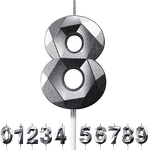 Deratta 8. Geburtstagskerze - Silber, Glänzend Metallic 3D Nr, Geruchlos und Rauchfrei, Unparfümiert, Kerze, Kerzenhalter, Kunststoff, 1 Stück, 5 cm x 15 cm, Indoor, Zahlen, 8, Geburtstag