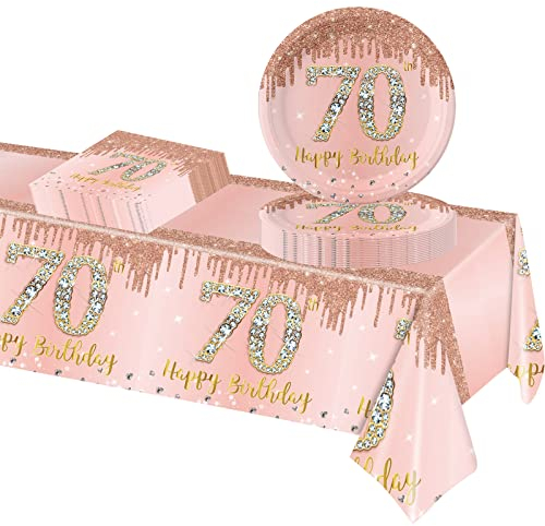 POPOYU 37Pcs Rose Gold 70th Birthday Tableware Set,Happy Birthday Party Dinnerware Set,Rose Gold Paper Plates 9 Inch Napkins Table Cloth for Women,Her 70th brthday Gifts Party Supplies