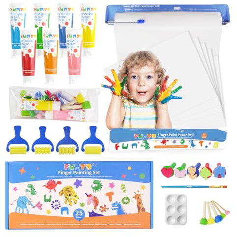 Funto Juego de pintura para dedos lavable, pinturas para dedos para niños pequeños, incluye rollo de papel para pintura para dedos, pinturas para dedos, bolsa de almacenamiento, juego de pinceles
